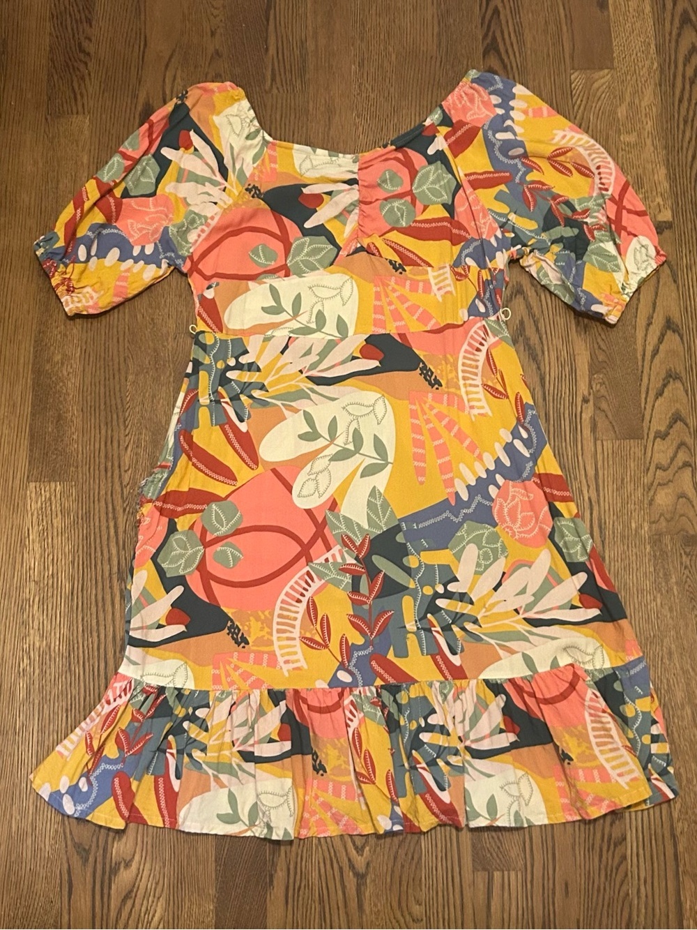 Tropical Floral Midi Dress in Coral, Yellow, Blue balloon sleeve festive
235